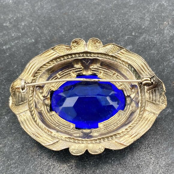 ANTIQUE Cobalt blue glass and aged silver tone metal brooch ~ Big Edwardian pin - Picture 9 of 10